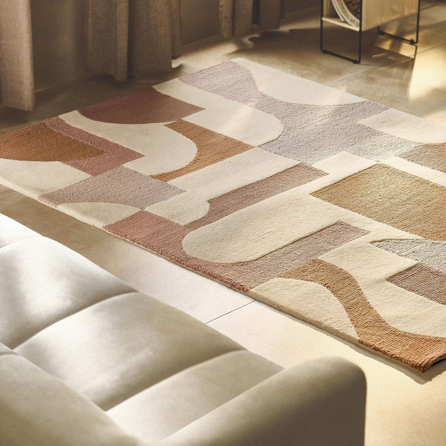 RUGKARI Zen geometric pure New Zealand wool luxury rug styled in an Indian living room - image 2