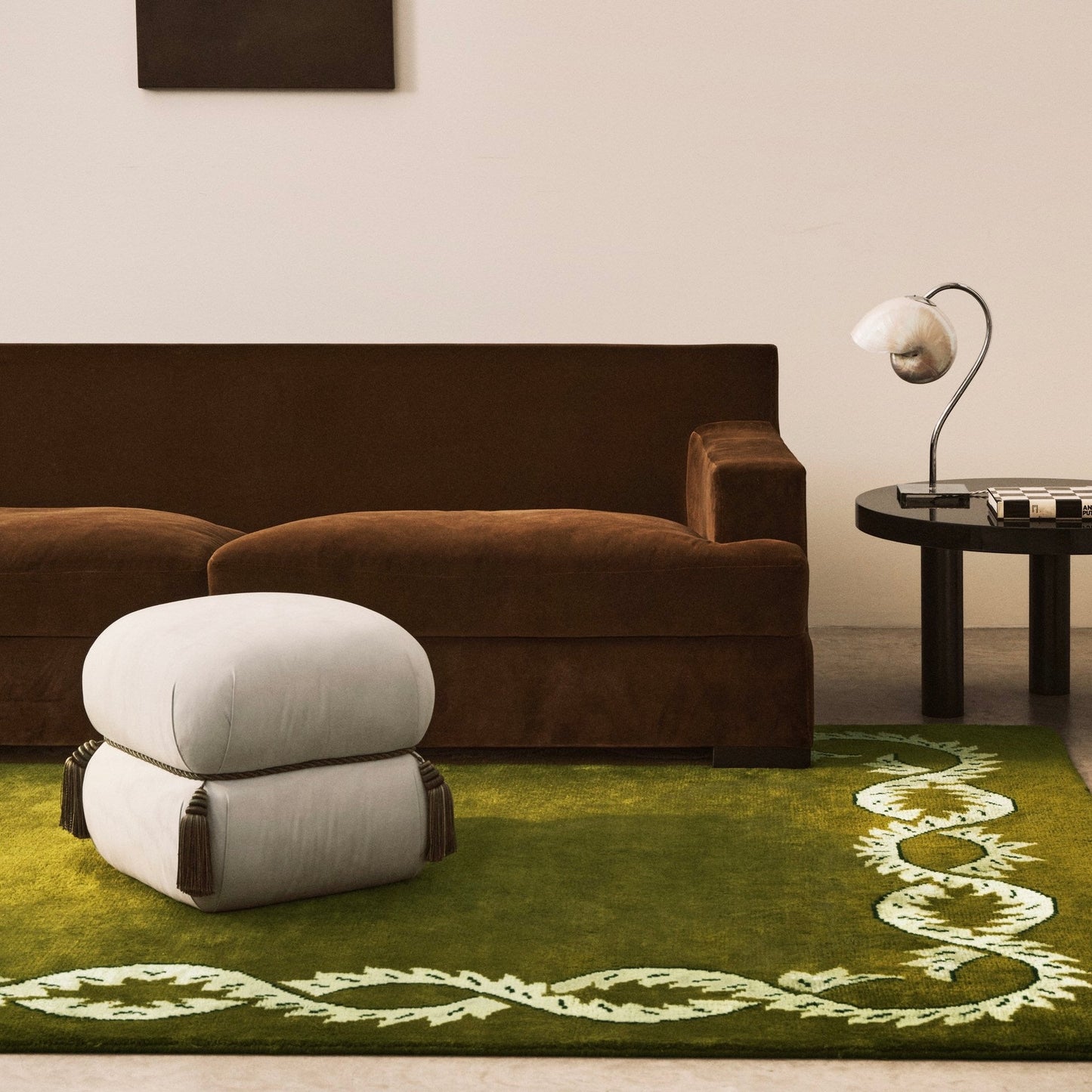 RUGKARI Olive floral pure New Zealand wool luxury rug styled in an Indian living room - image 2