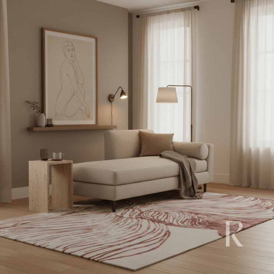 RUGKARI Opulence abstract pure New Zealand wool luxury rug styled in an Indian living room - image 2