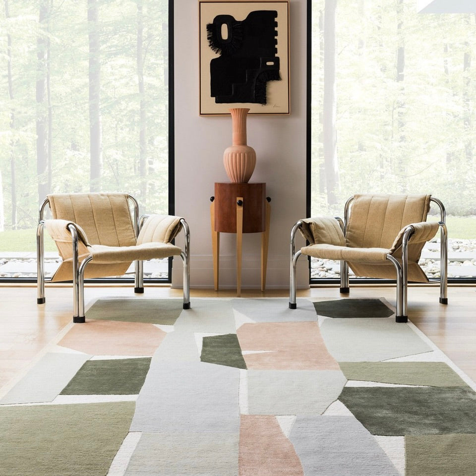 RUGKARI Mandolin geometric pure New Zealand wool luxury rug styled in an Indian living room - image 2