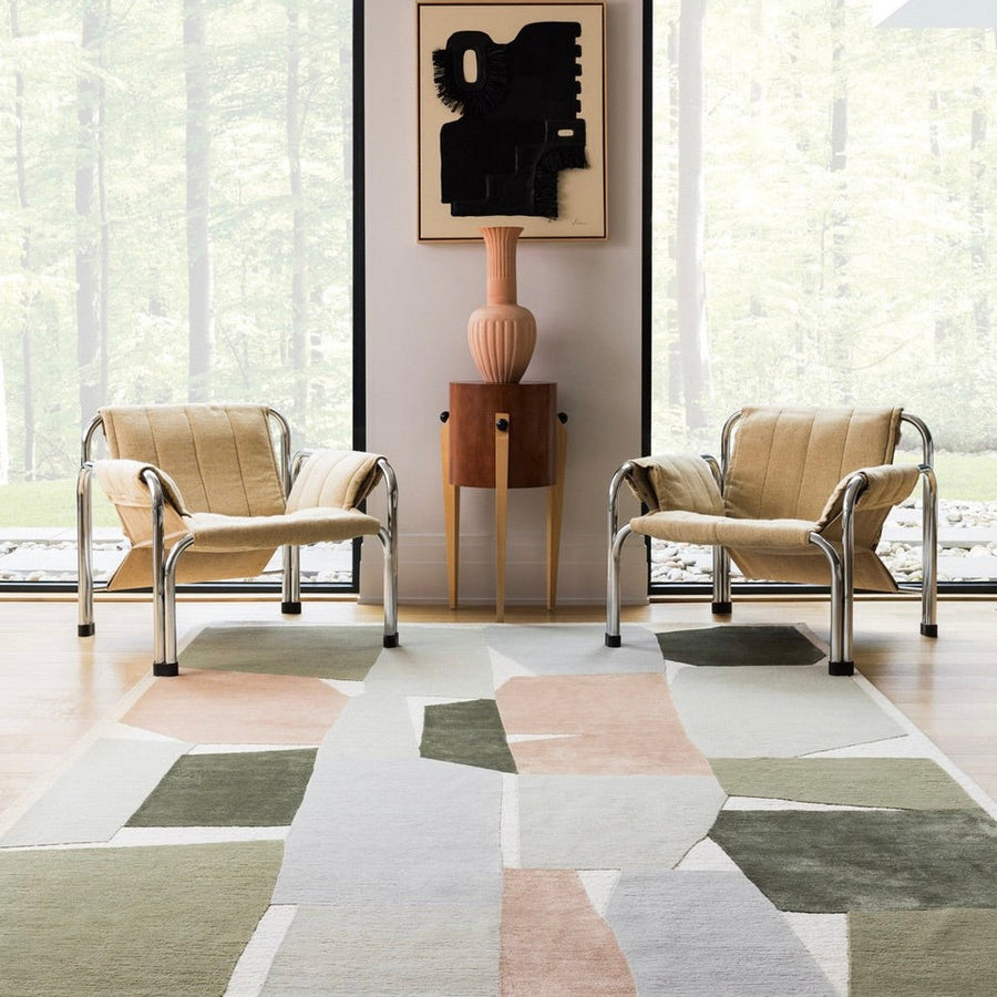 RUGKARI Mandolin geometric pure New Zealand wool luxury rug styled in an Indian living room - image 2