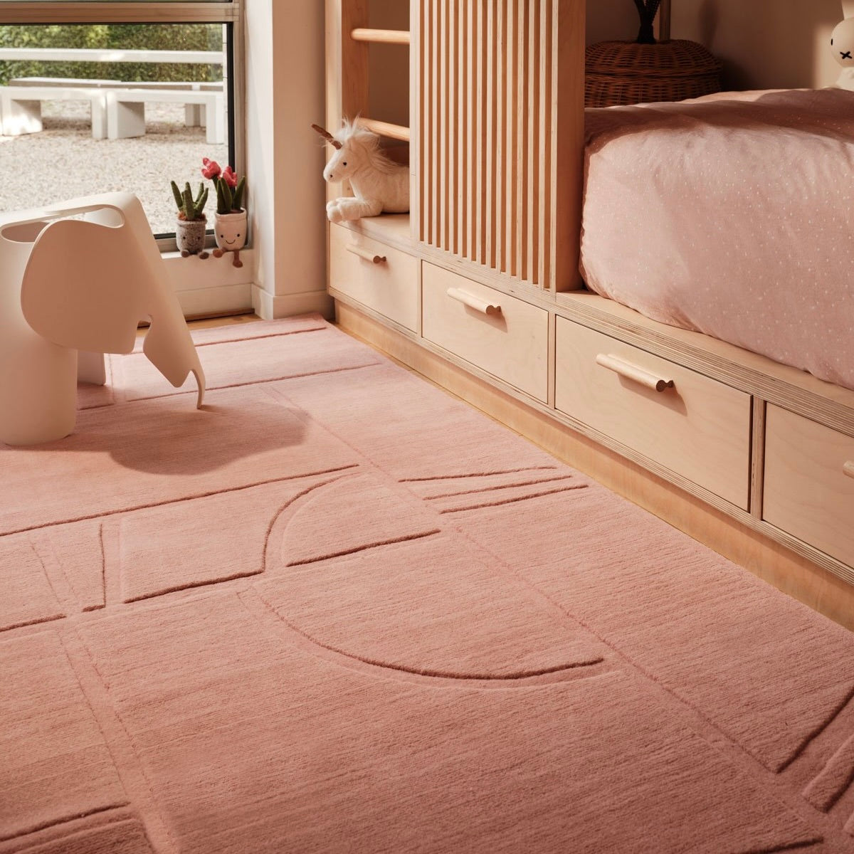 RUGKARI Dawn geometric pure New Zealand wool luxury rug styled in an Indian living room - image 2