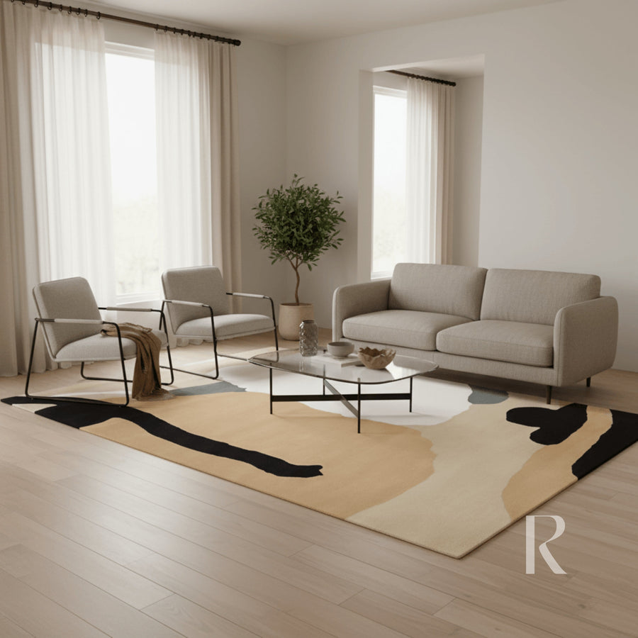 RUGKARI Cama abstract pure New Zealand wool luxury rug styled in an Indian living room - image 2
