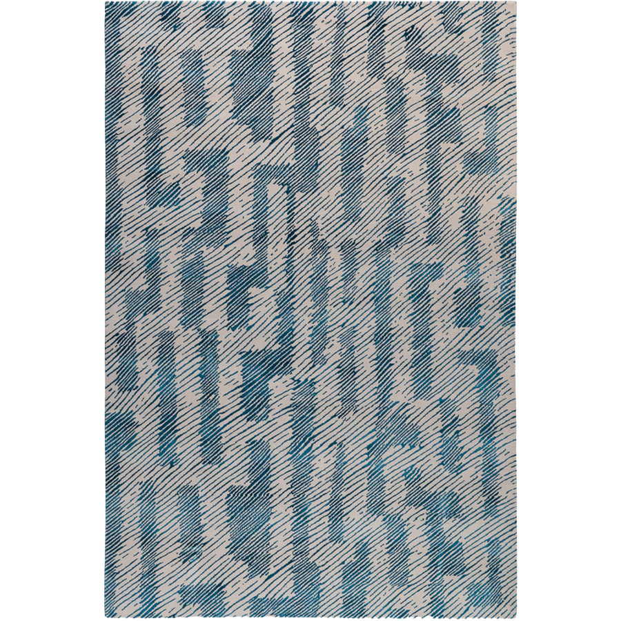 RUGKARI Indigo geometric pure New Zealand wool luxury rug styled in an Indian living room - image 1