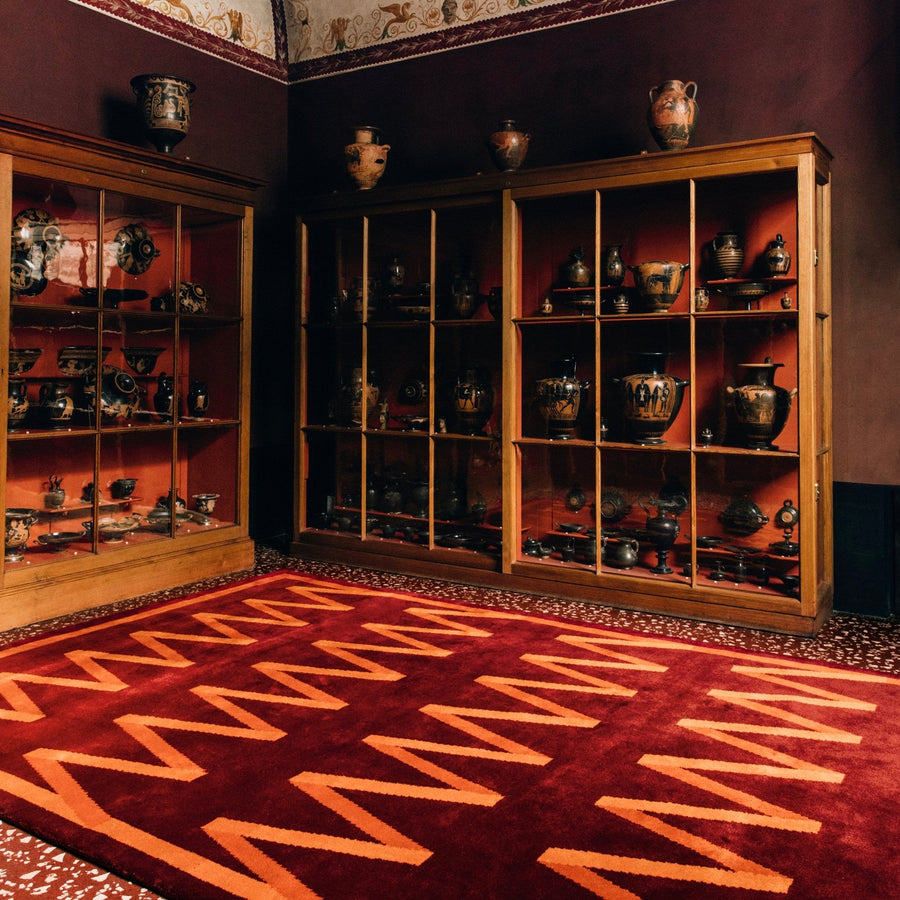 RUGKARI Betel geometric pure New Zealand wool luxury rug styled in an Indian living room - image 2