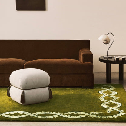 RUGKARI Olive floral pure New Zealand wool luxury rug styled in an Indian living room - image 2