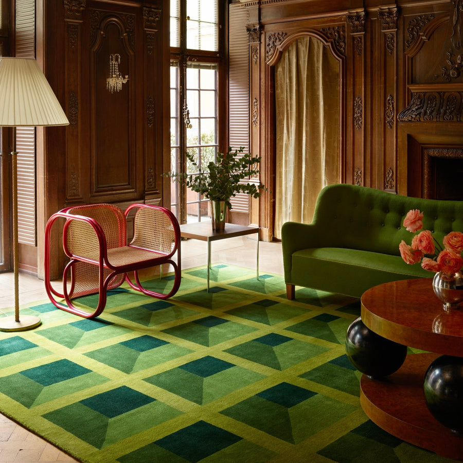 RUGKARI Eurus geometric pure New Zealand wool luxury rug styled in an Indian living room - image 2