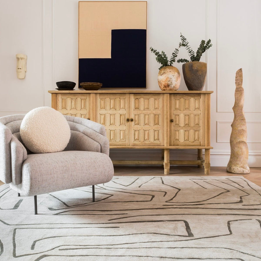 RUGKARI Puresuit abstract pure New Zealand wool luxury rug styled in an Indian living room - image 2