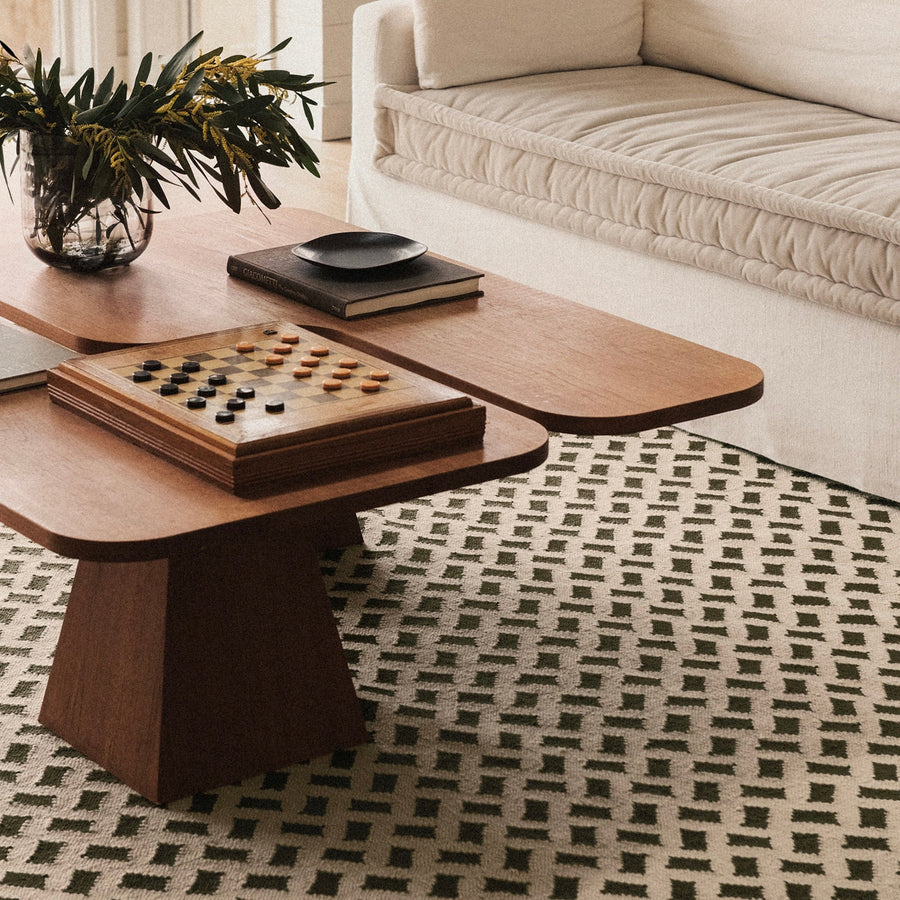 RUGKARI Vestige geometric pure New Zealand wool luxury rug styled in an Indian living room - image 2