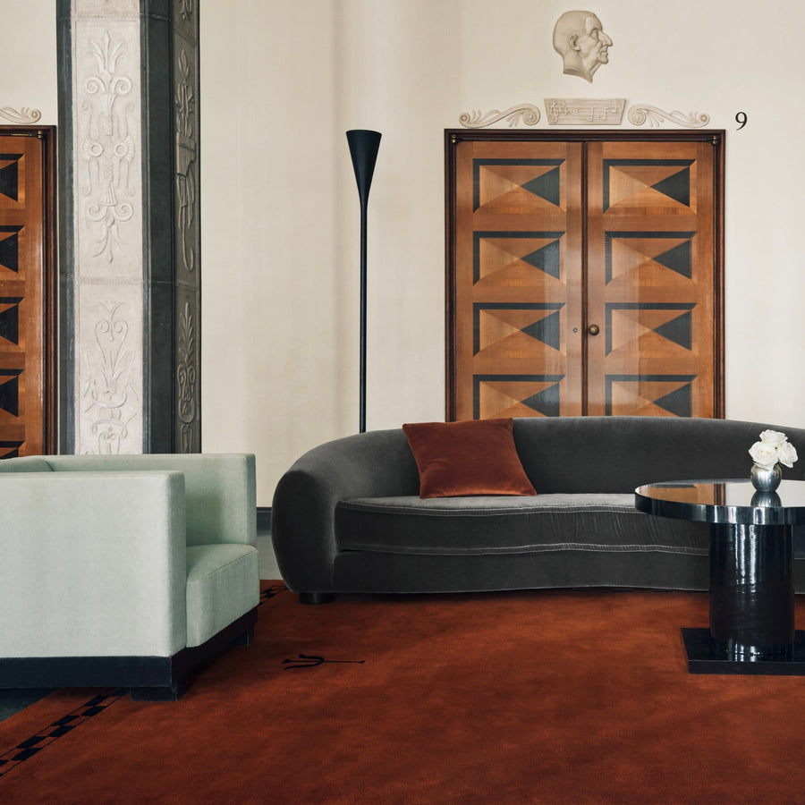 RUGKARI Trident geometric pure New Zealand wool luxury rug styled in an Indian living room - image 2