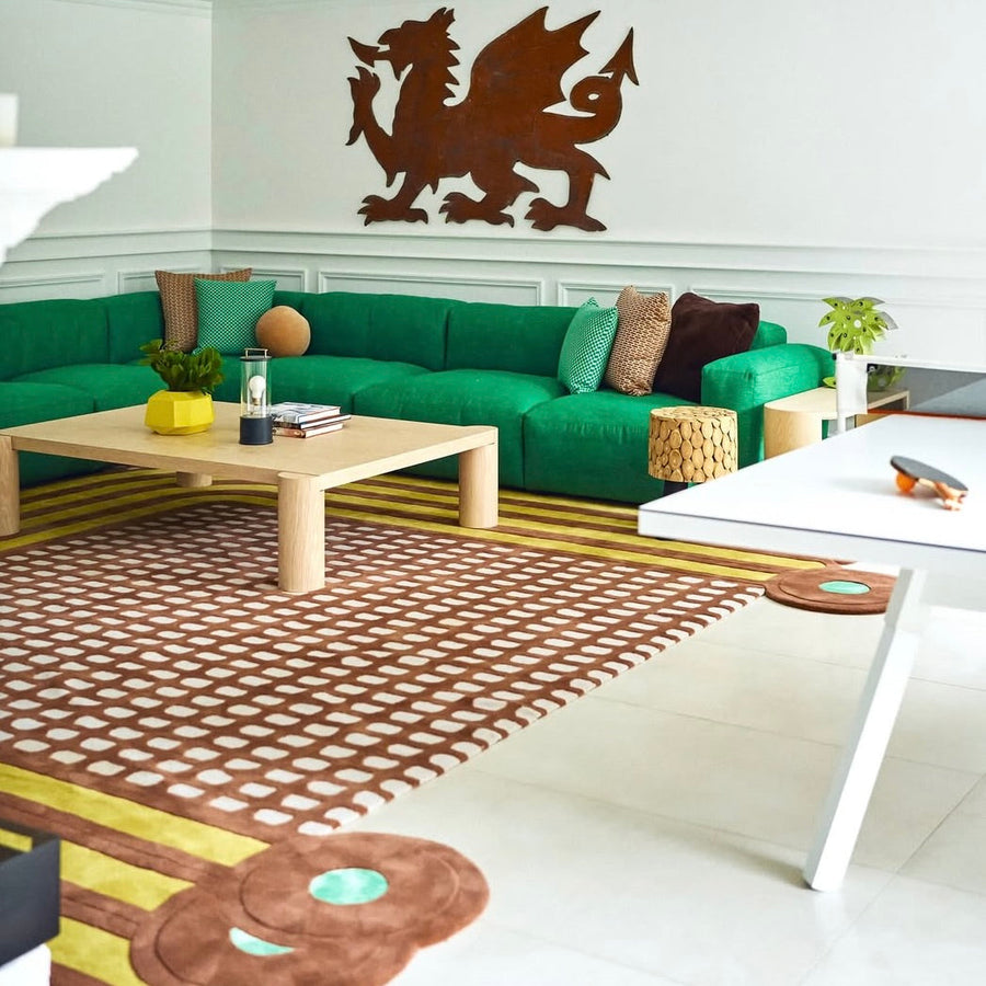 RUGKARI Axis geometric pure New Zealand wool luxury rug styled in an Indian living room - image 2