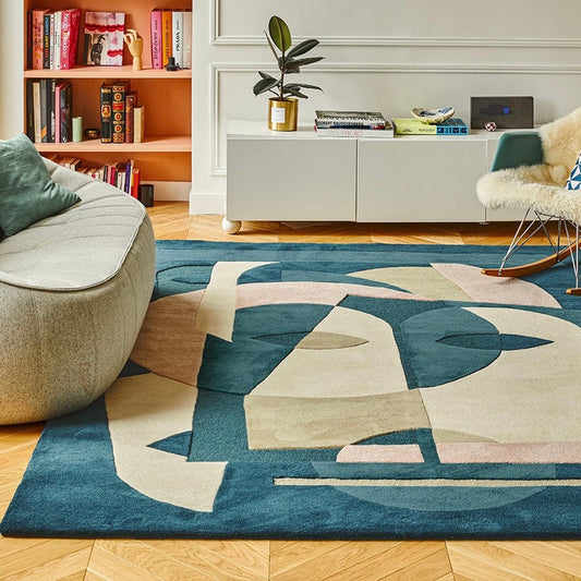 RUGKARI Adam geometric pure New Zealand wool luxury rug styled in an Indian living room - image 2