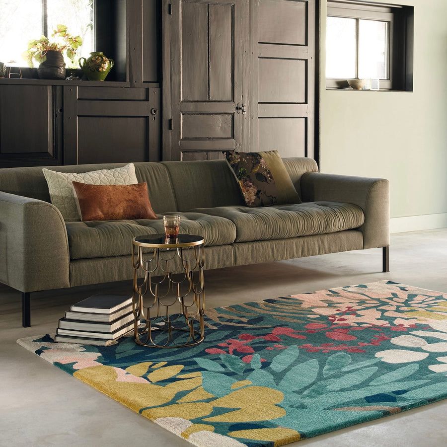 RUGKARI Marine floral pure New Zealand wool luxury rug styled in an Indian living room - image 2