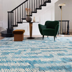 RUGKARI Indigo geometric pure New Zealand wool luxury rug styled in an Indian living room - image 2