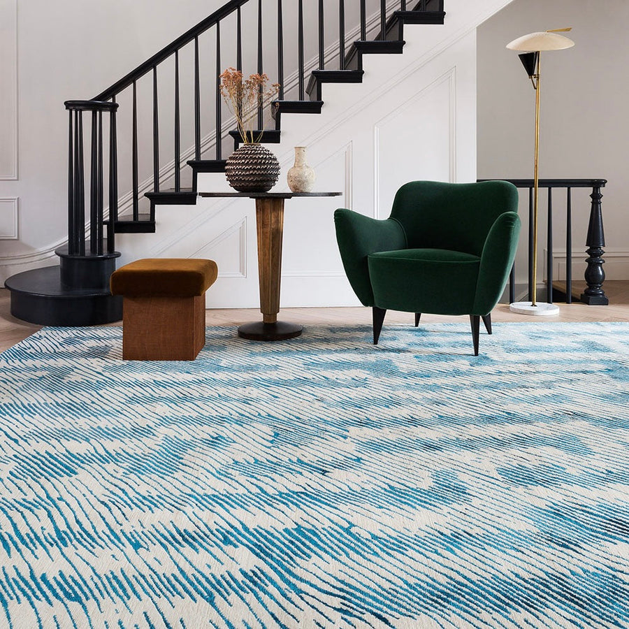 RUGKARI Indigo geometric pure New Zealand wool luxury rug styled in an Indian living room - image 2