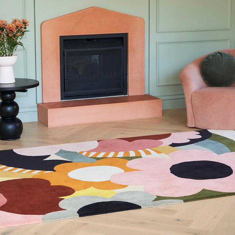 RUGKARI Aurora floral pure New Zealand wool luxury rug styled in an Indian living room - image 2