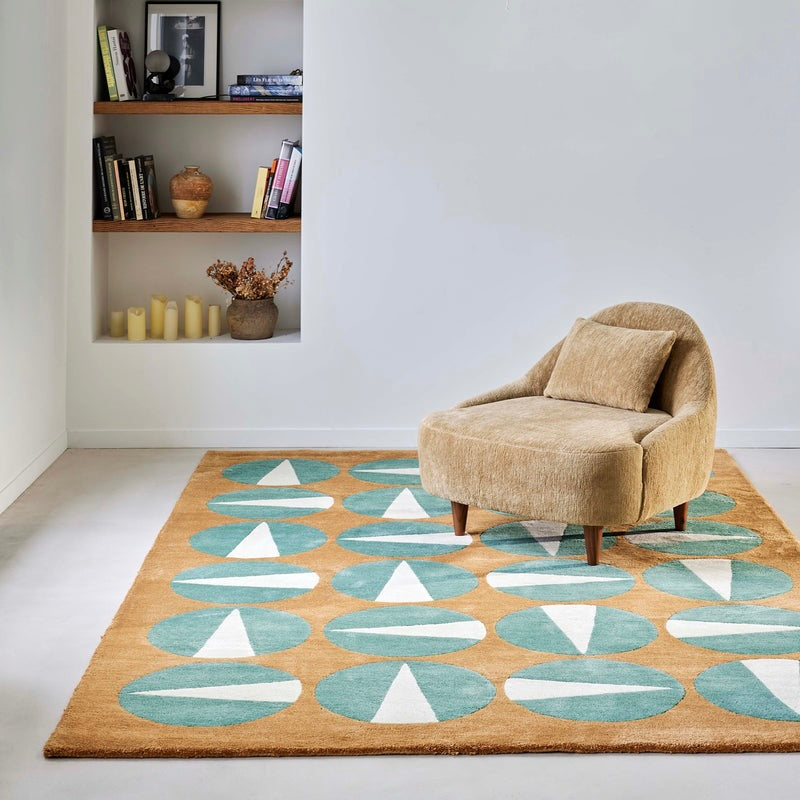 RUGKARI Rhythm geometric pure New Zealand wool luxury rug styled in an Indian living room - image 2